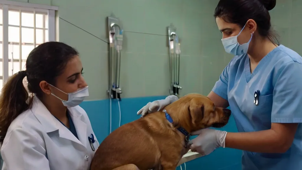 Atendimento a cão internado com acesso venoso