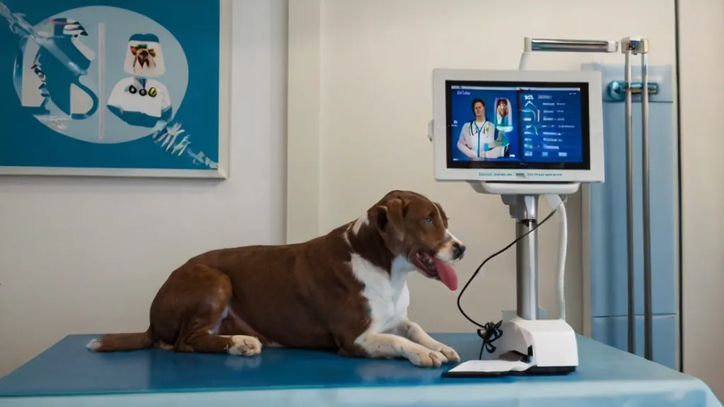 Cão em mesa clínica acompanhado por monitor de sinais vitais